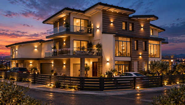 rendering 3d di villa moderna al crepuscolo